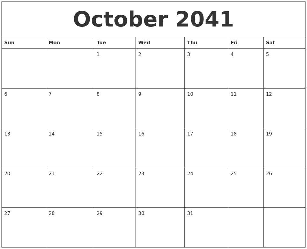 October 2041 Free Monthly Printable Calendar