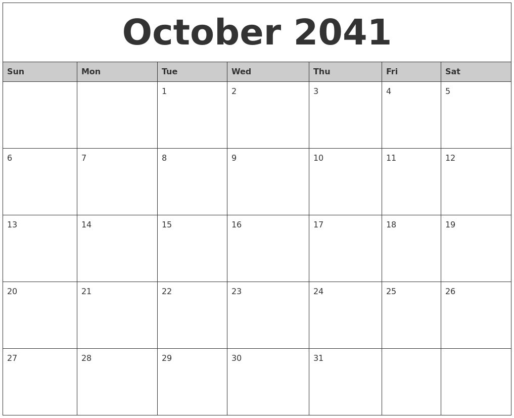 October 2041 Monthly Calendar Printable