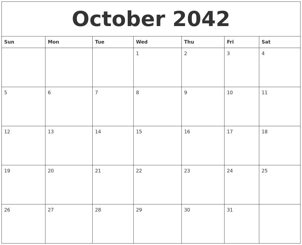 October 2042 Free Printable Monthly Calendar
