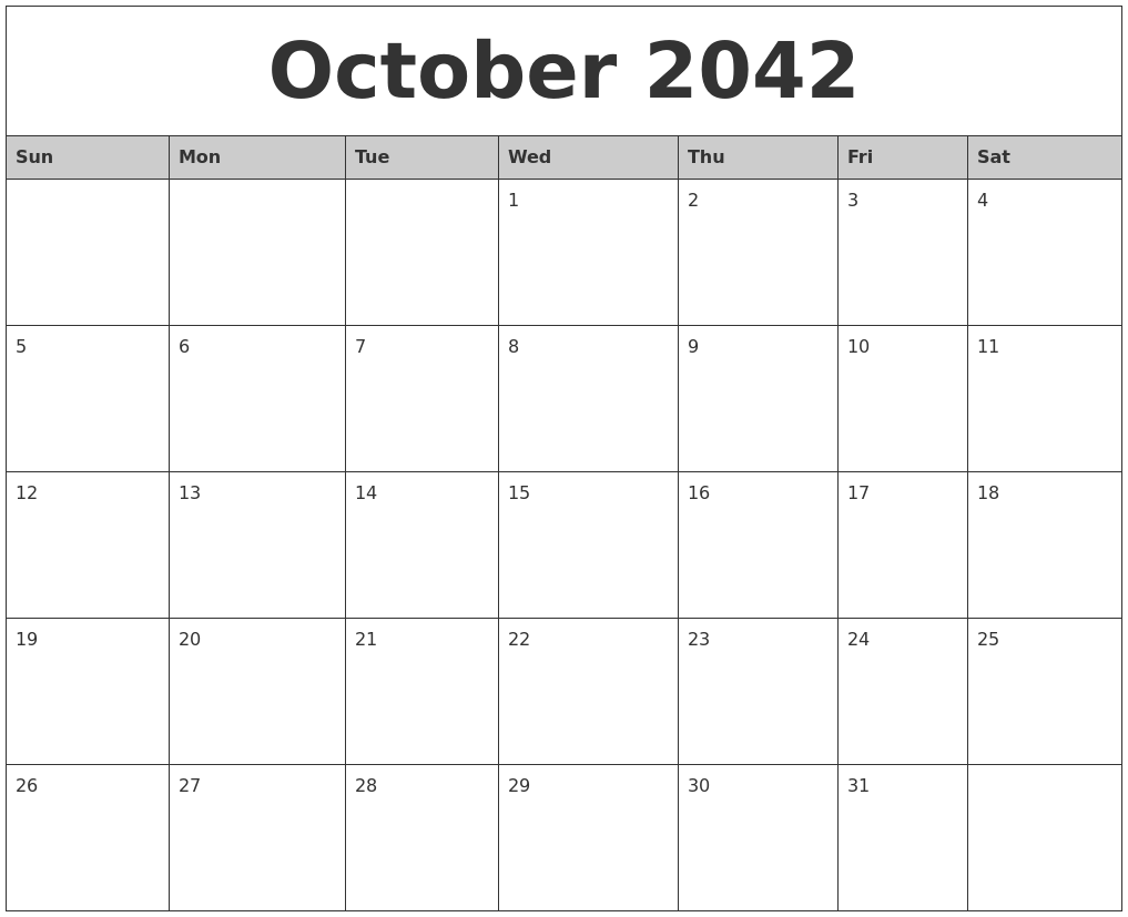 October 2042 Monthly Calendar Printable