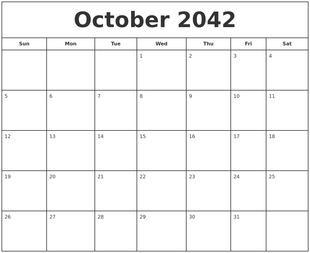 October 2042 Print Free Calendar