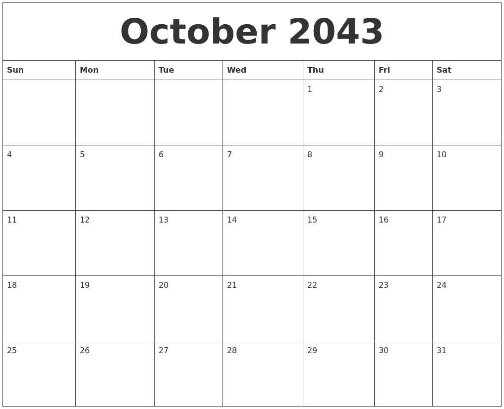 October 2043 Blank Monthly Calendar Template