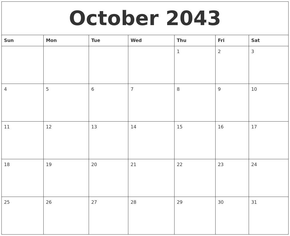 October 2043 Free Printable Monthly Calendar