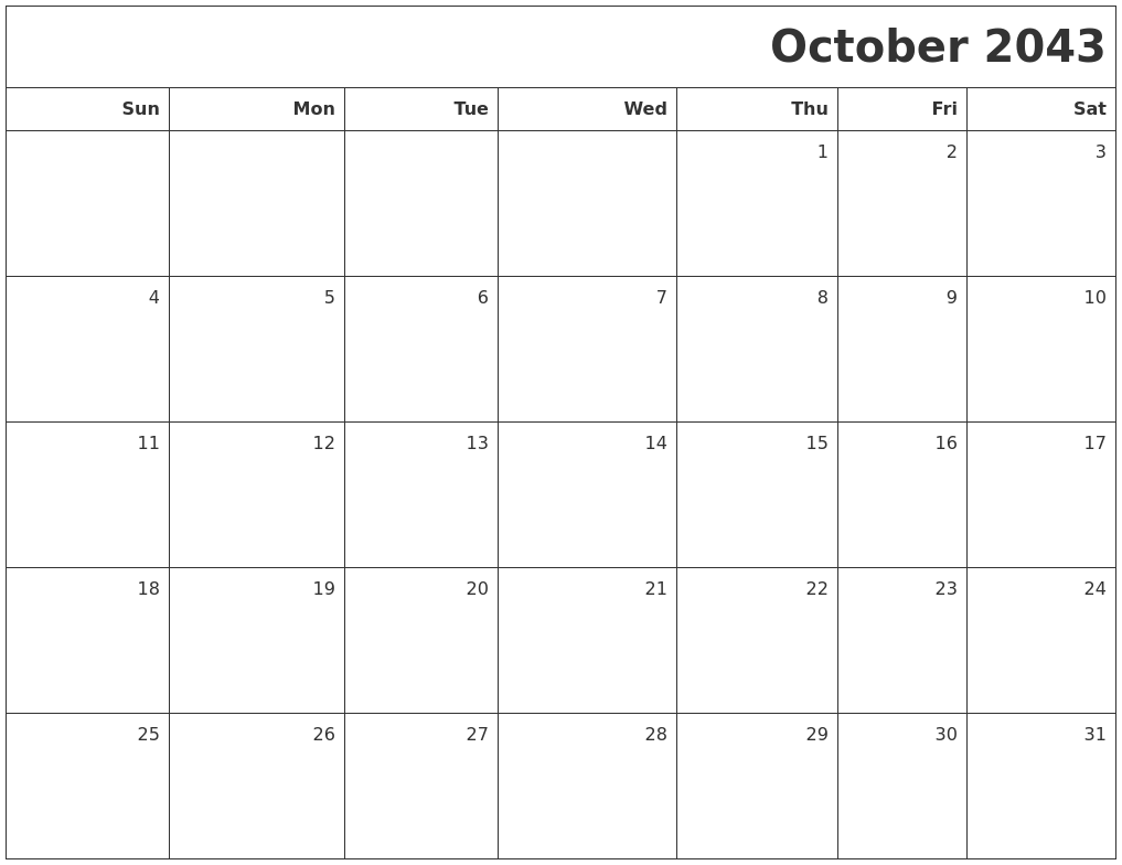 October 2043 Printable Blank Calendar
