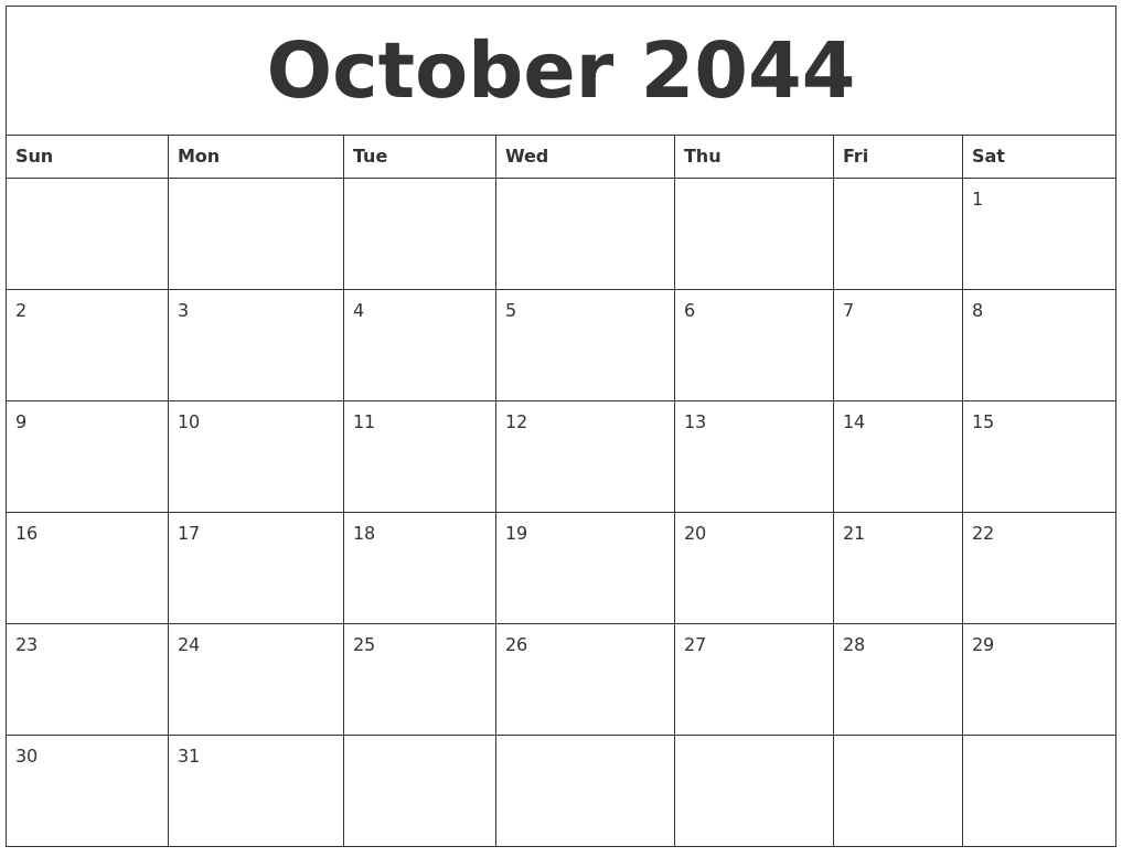 October 2044 Blank Monthly Calendar Template