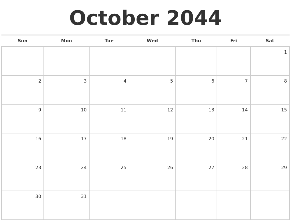 October 2044 Blank Monthly Calendar