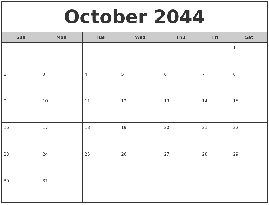 October 2044 Free Monthly Calendar