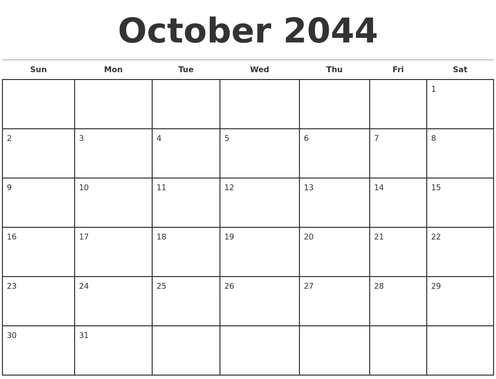 October 2044 Monthly Calendar Template
