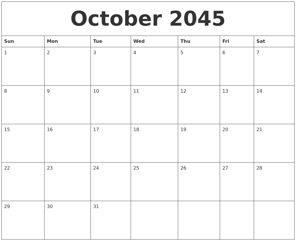 October 2045 Birthday Calendar Template