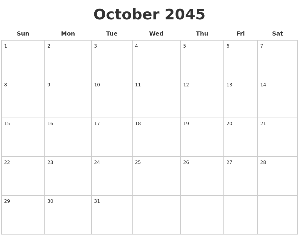 October 2045 Blank Calendar Pages