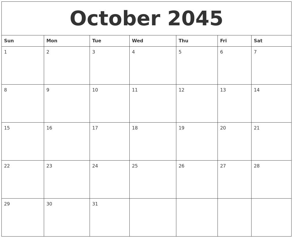 October 2045 Calendar Free Printable