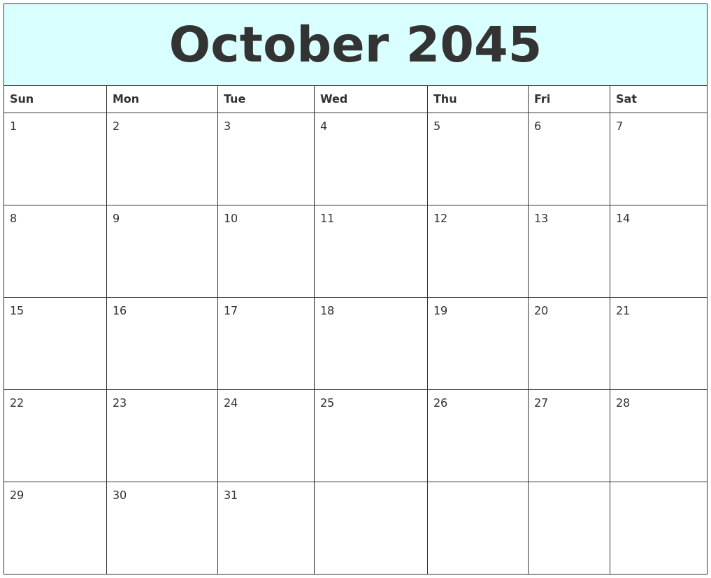 October 2045 Free Calendar