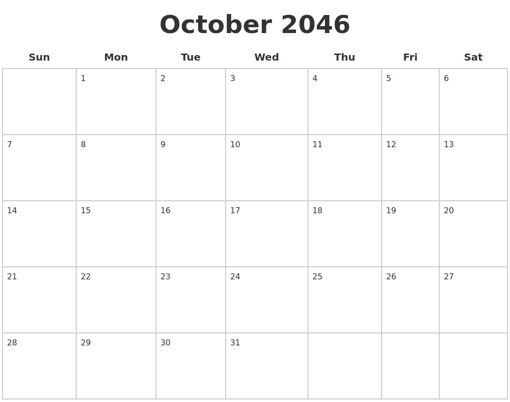October 2046 Blank Calendar Pages
