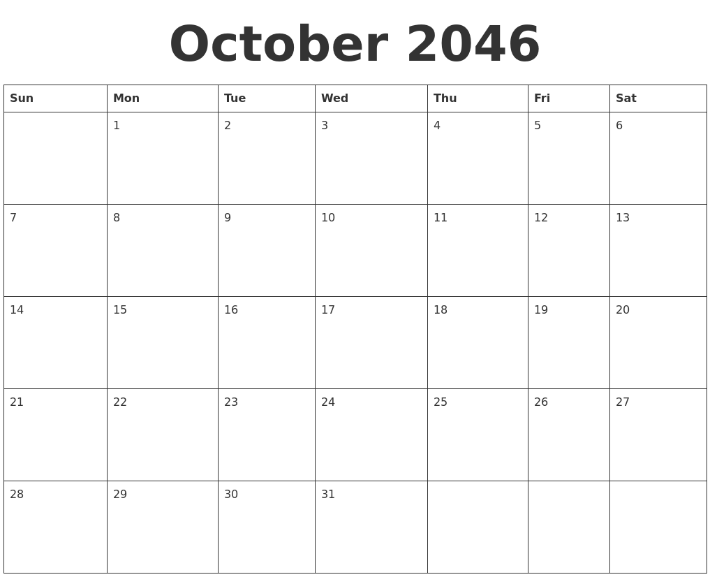 October 2046 Blank Calendar Template