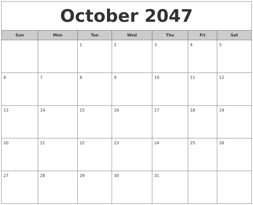 October 2047 Free Monthly Calendar