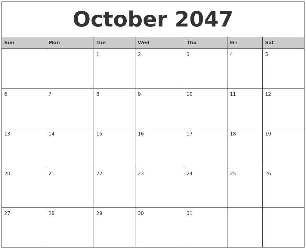 October 2047 Monthly Calendar Printable