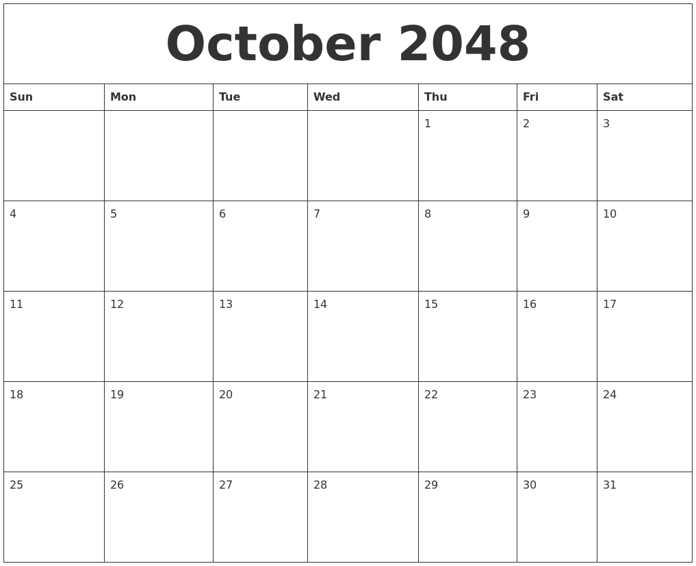 October 2048 Free Printable Weekly Calendar