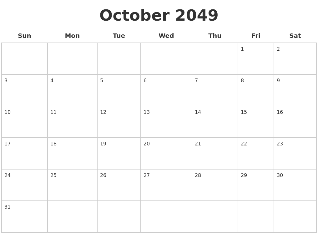 October 2049 Blank Calendar Pages