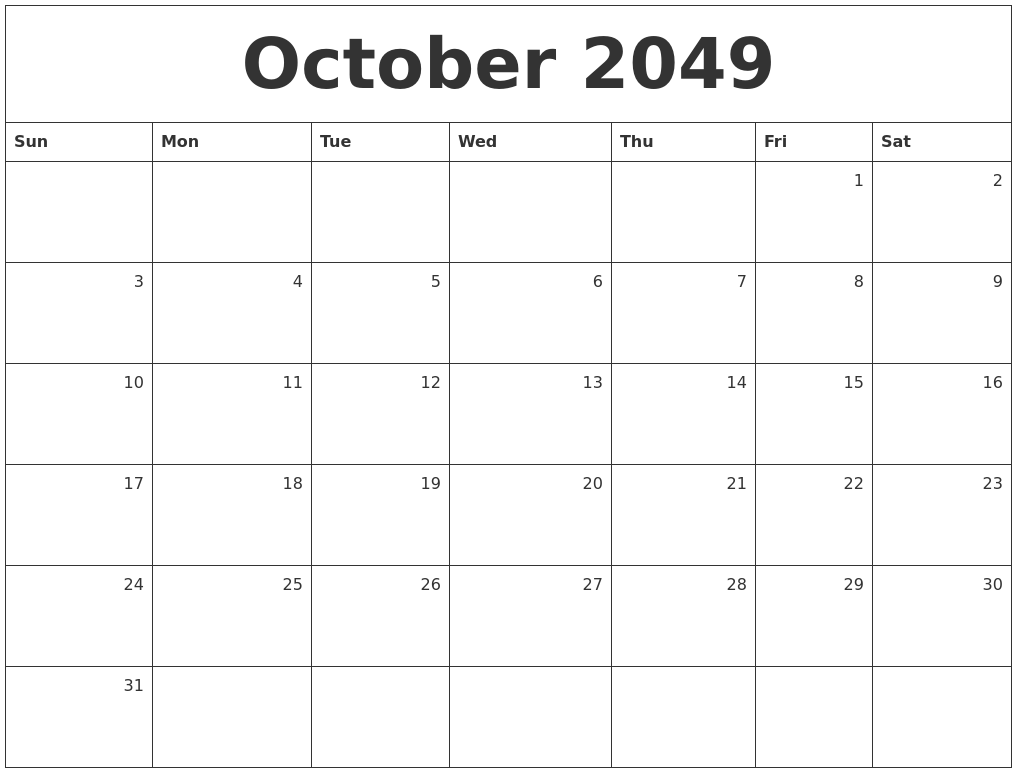 October 2049 Monthly Calendar