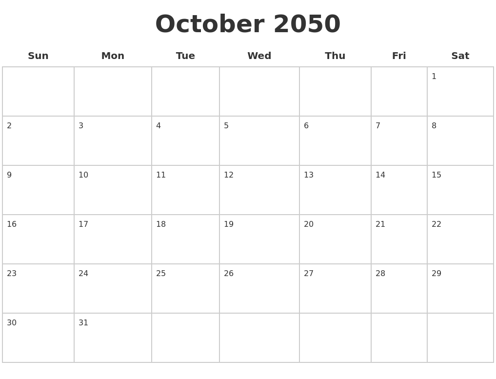 October 2050 Blank Calendar Pages