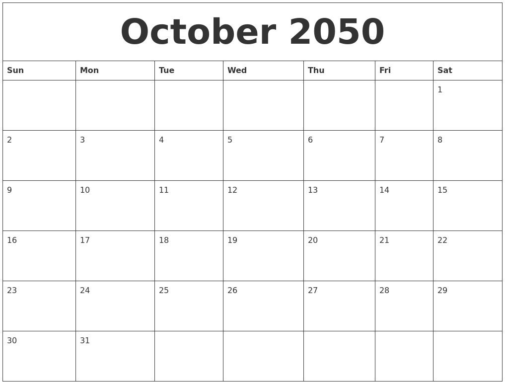 October 2050 Blank Calendar Printable