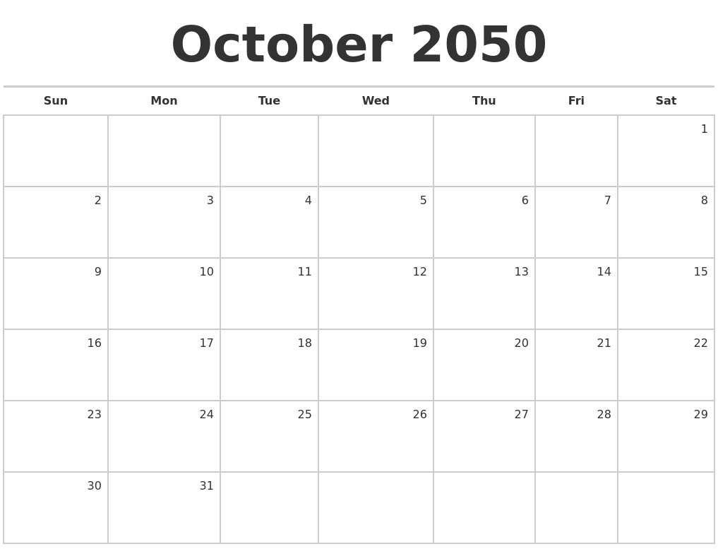 October 2050 Blank Monthly Calendar
