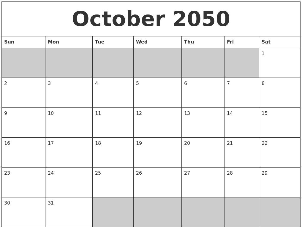 October 2050 Blank Printable Calendar