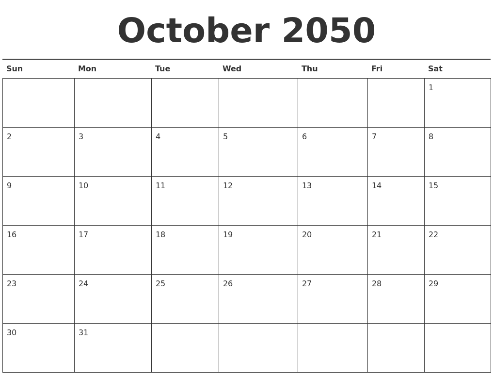 October 2050 Calendar Printable