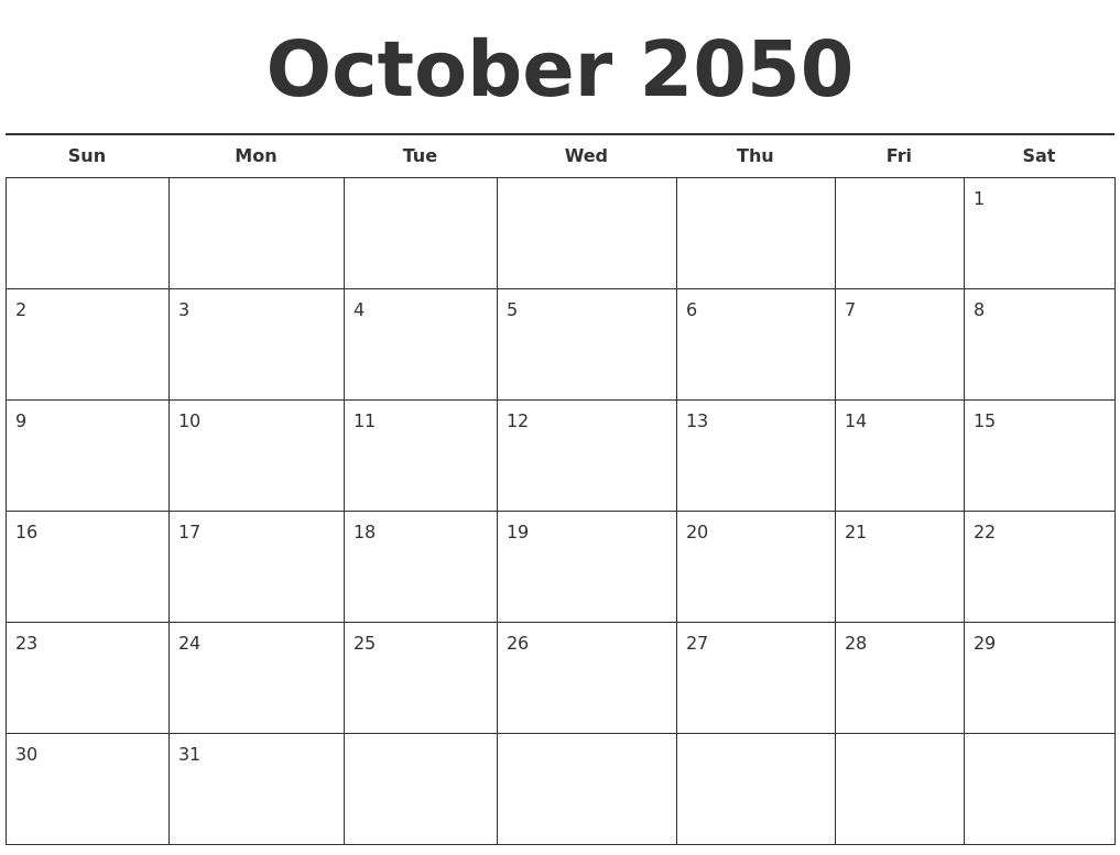 October 2050 Free Calendar Template