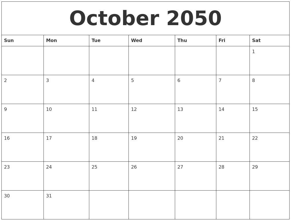 October 2050 Large Printable Calendar