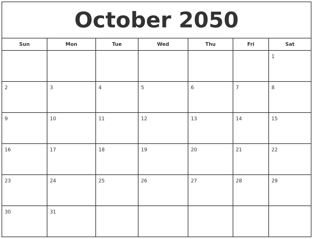 October 2050 Print Free Calendar