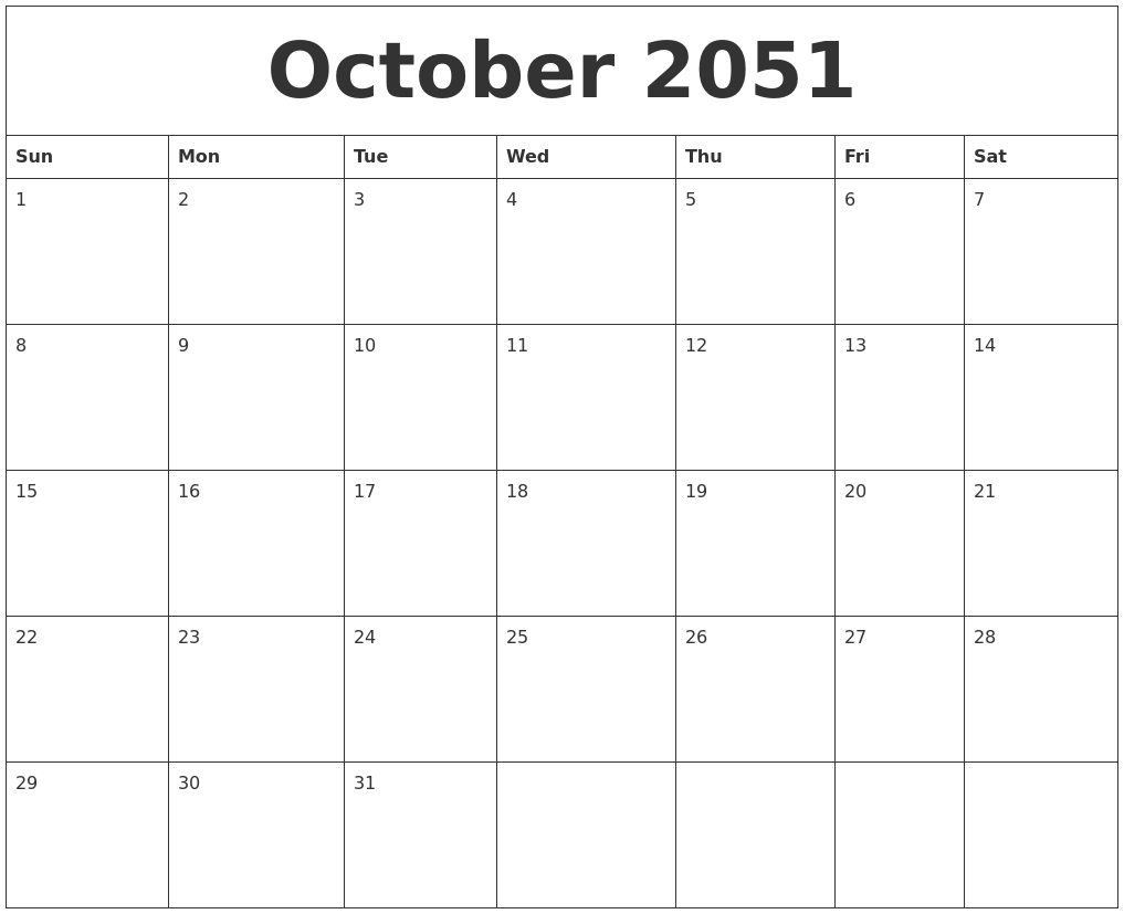 October 2051 Blank Monthly Calendar Template