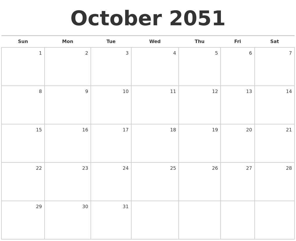 October 2051 Blank Monthly Calendar