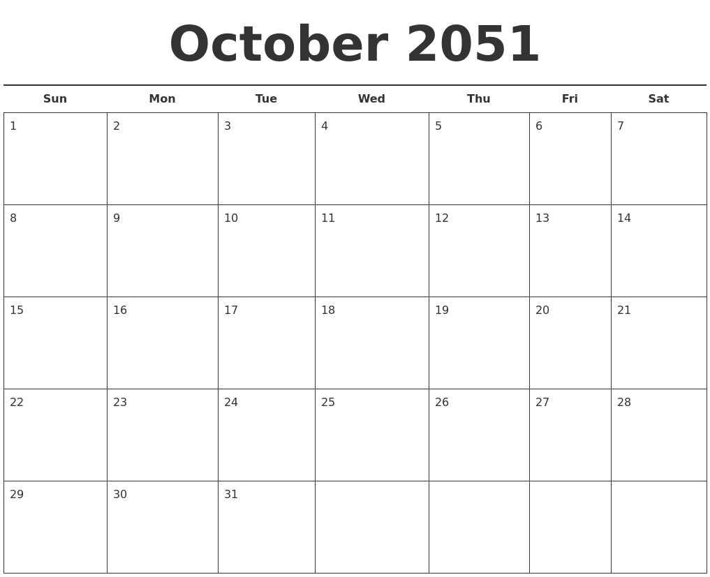 October 2051 Free Calendar Template