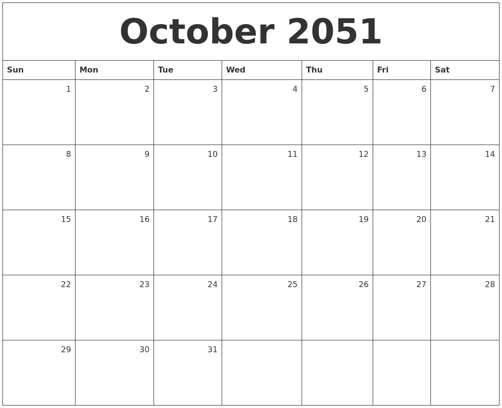October 2051 Monthly Calendar