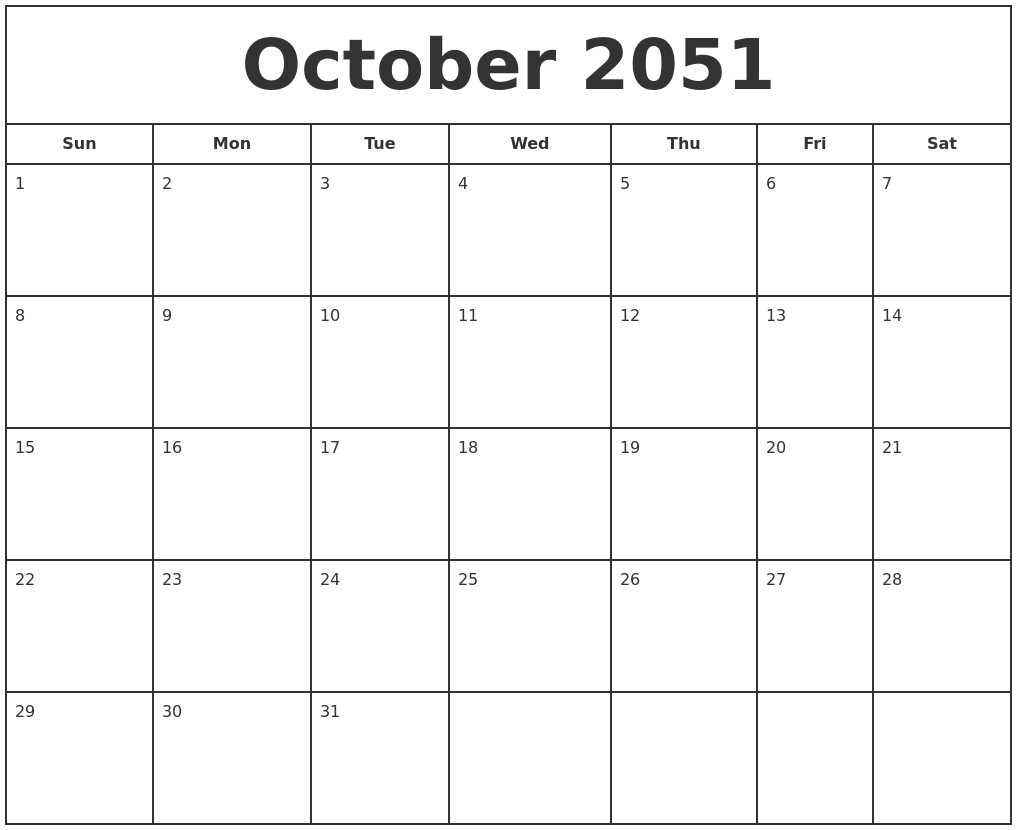 October 2051 Print Free Calendar