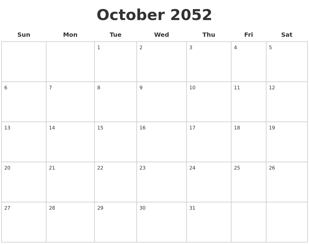 October 2052 Blank Calendar Pages