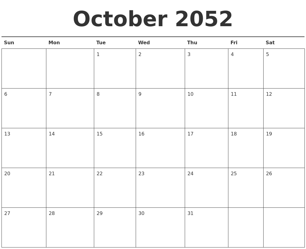 October 2052 Calendar Printable