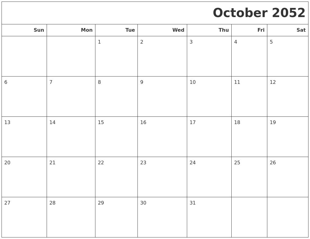 October 2052 Calendars To Print