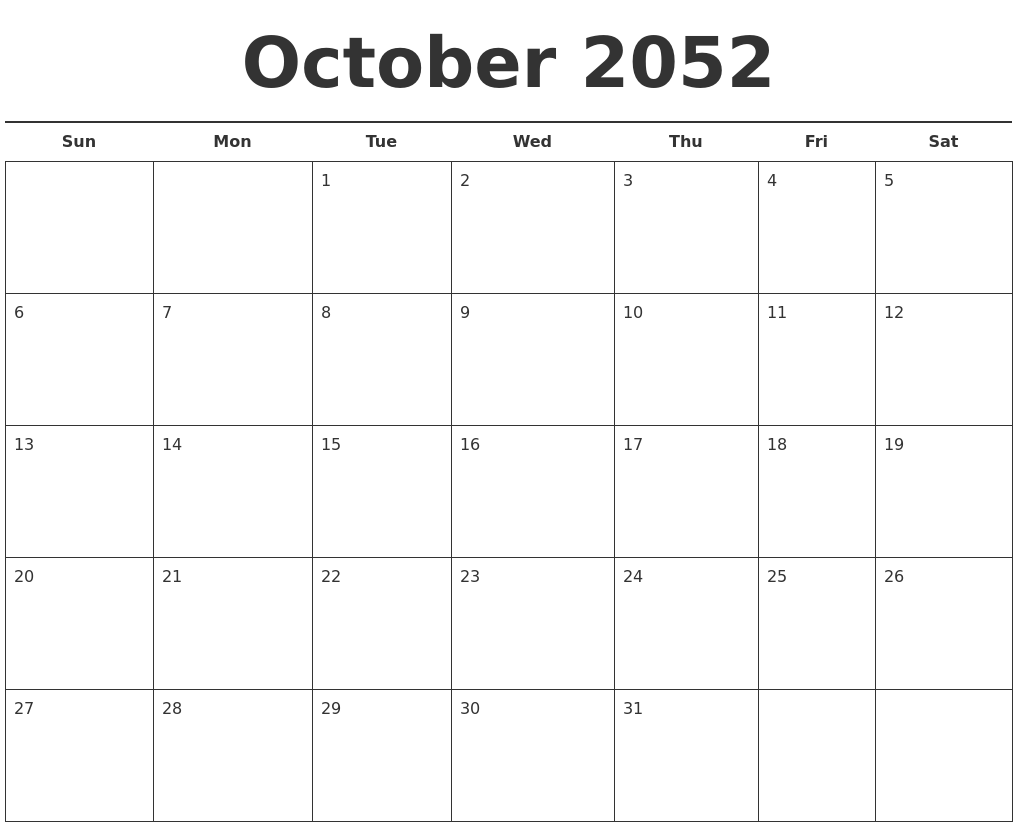 October 2052 Free Calendar Template