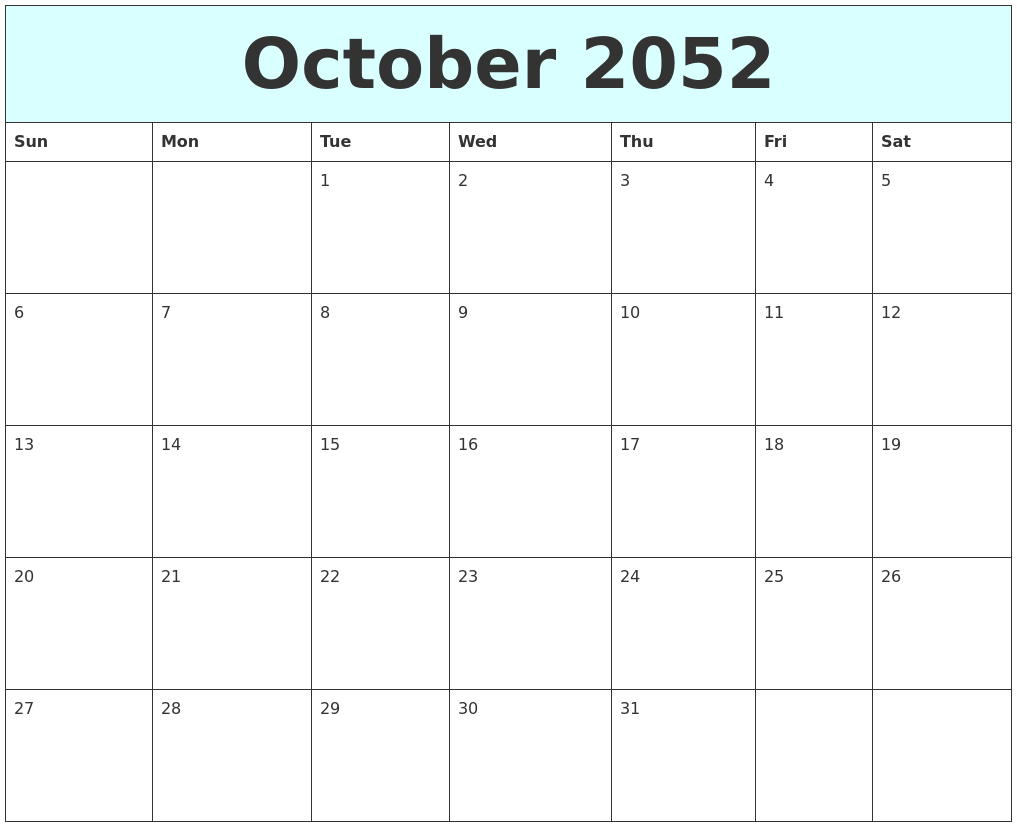 October 2052 Free Calendar