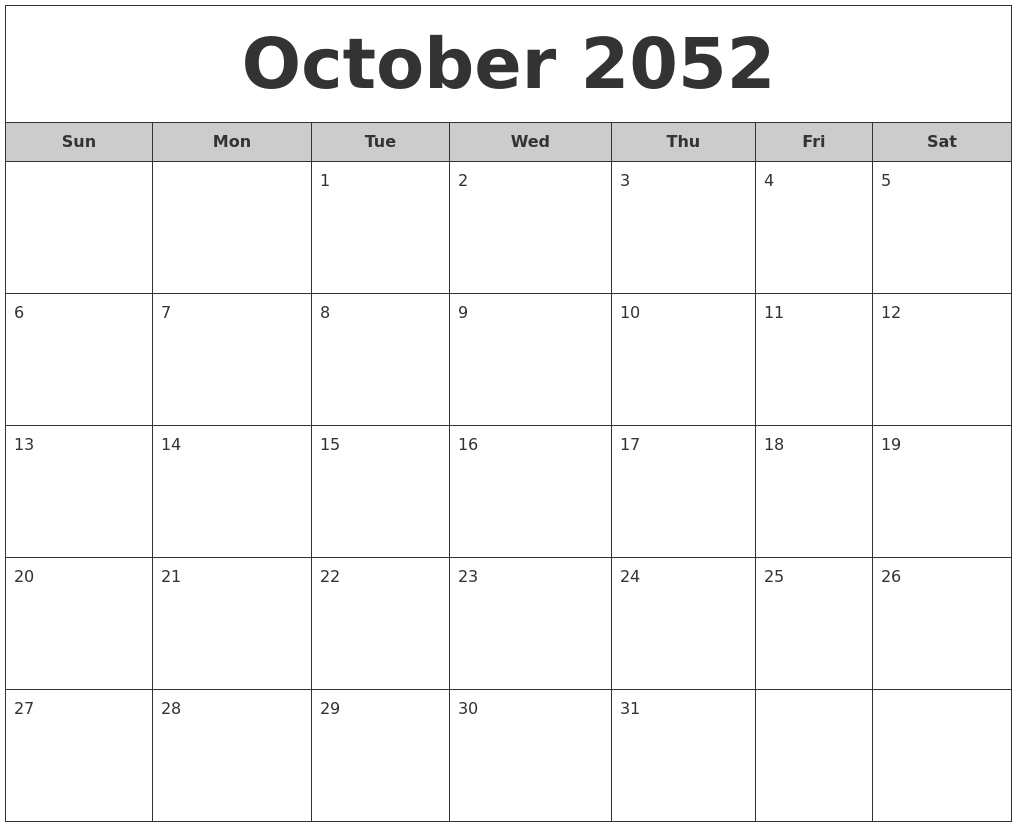 October 2052 Free Monthly Calendar