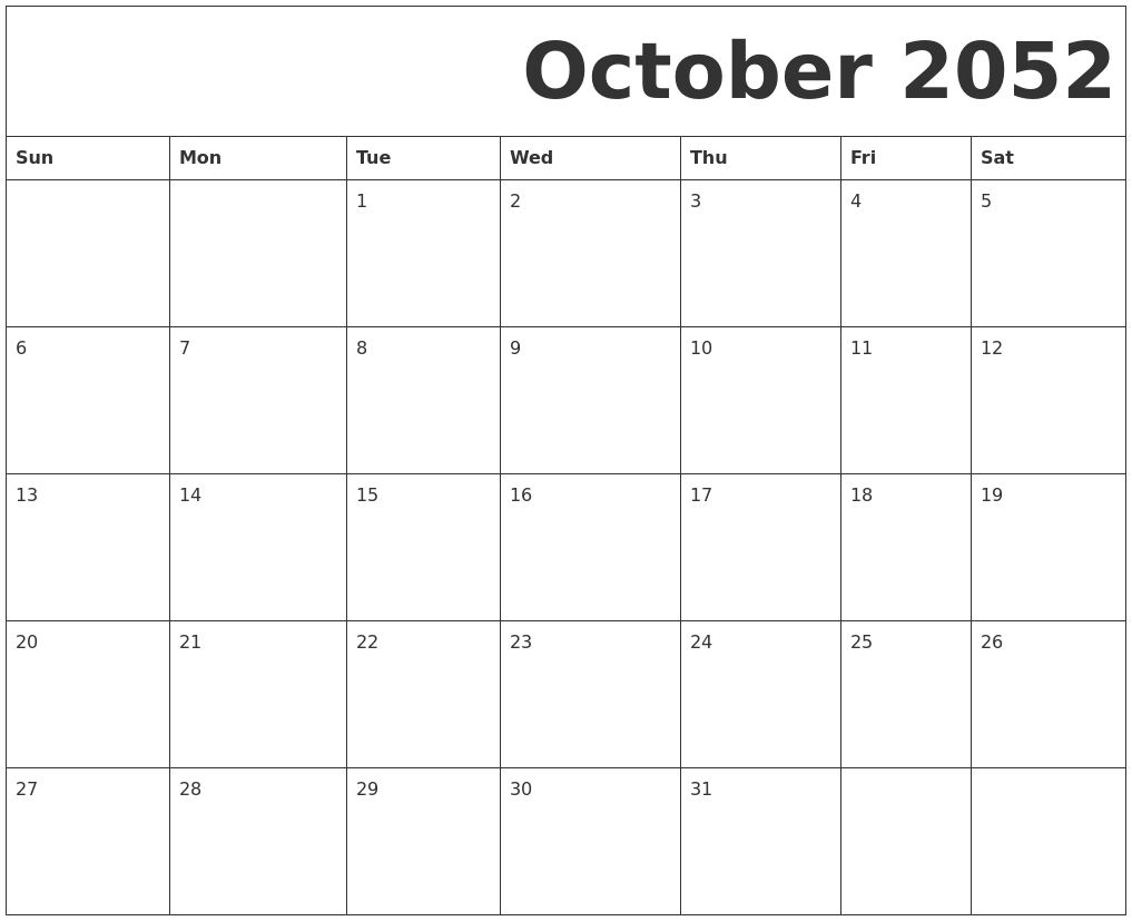 October 2052 Free Printable Calendar