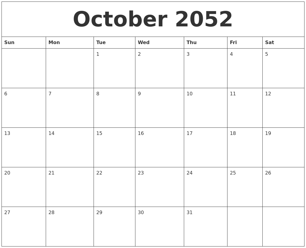 October 2052 Month Calendar Template