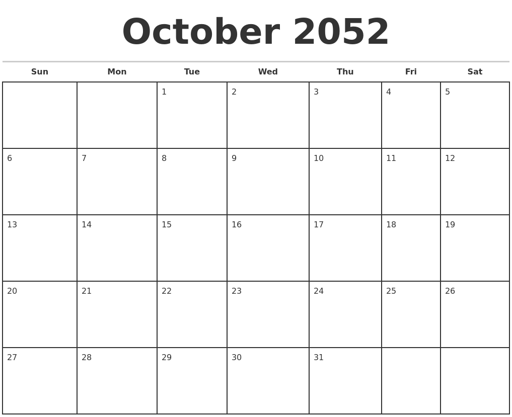 October 2052 Monthly Calendar Template