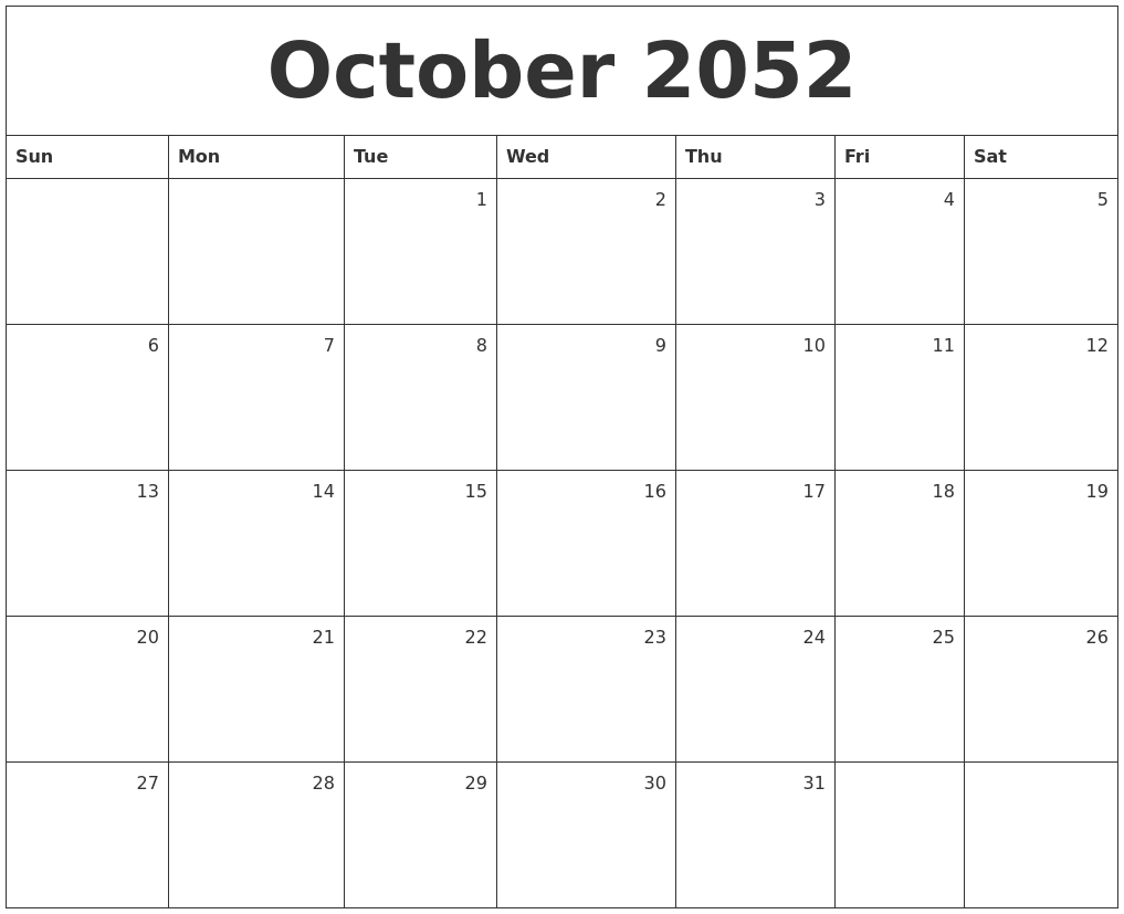 October 2052 Monthly Calendar