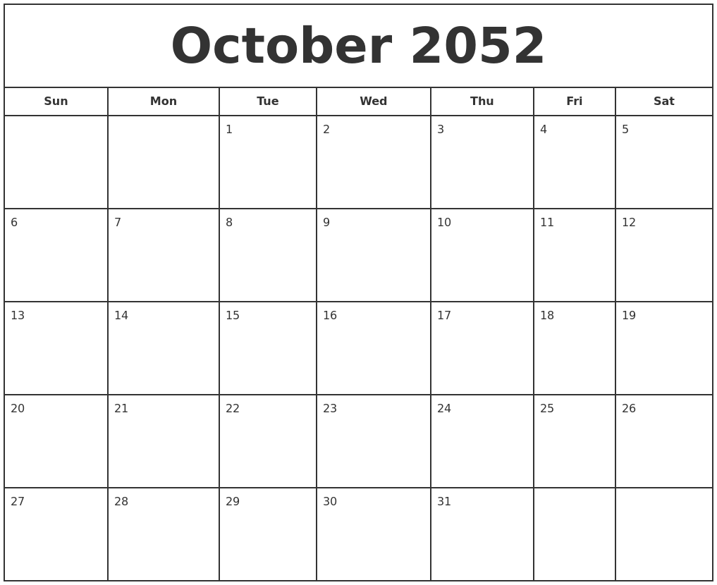 October 2052 Print Free Calendar