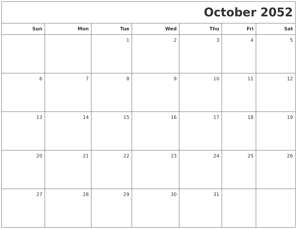 October 2052 Printable Blank Calendar