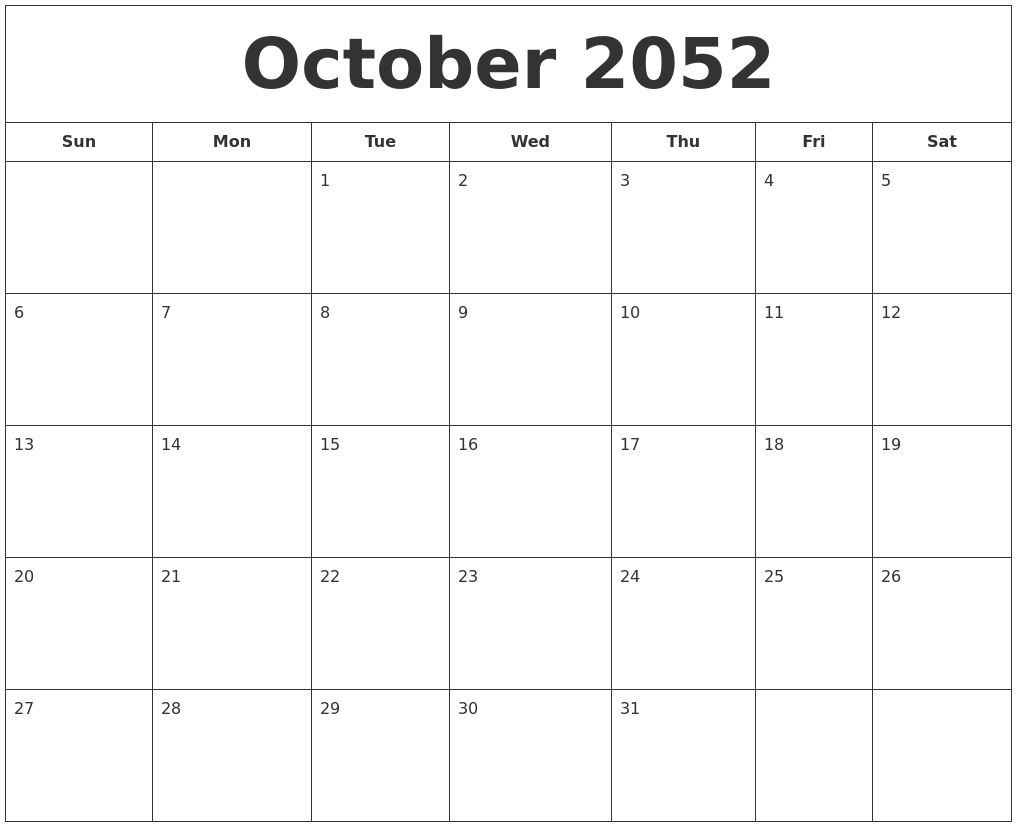 October 2052 Printable Calendar