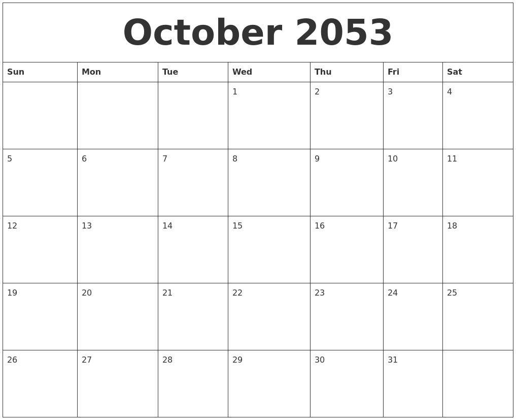 October 2053 Blank Calendar To Print